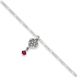 Sterling Silver Pink Crystal, Dangling Heart Anklet, 10 Inch